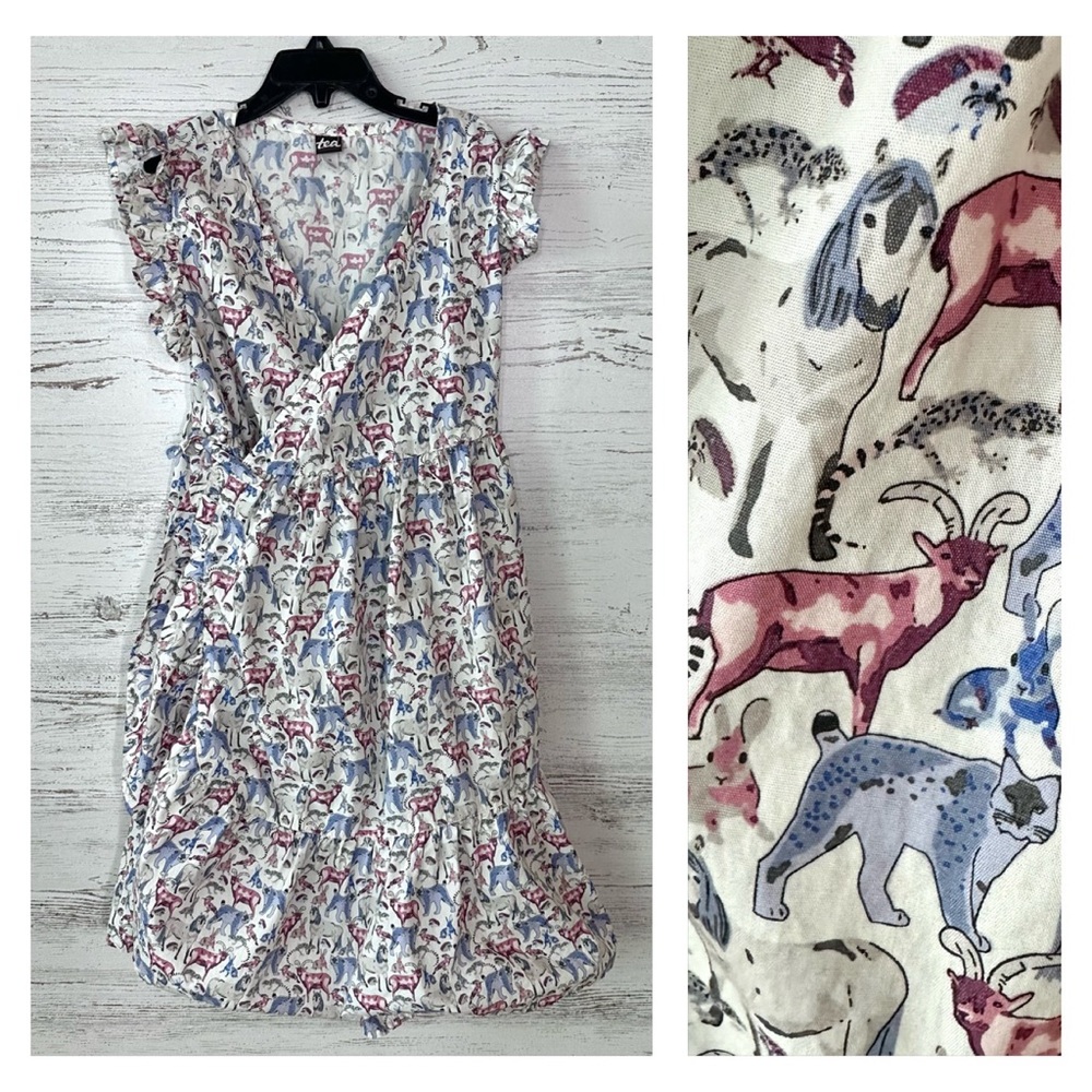 TEA COLLECTION Animal Print Ruffle Wrap Dress 12 Horse Bunny Cat Bird